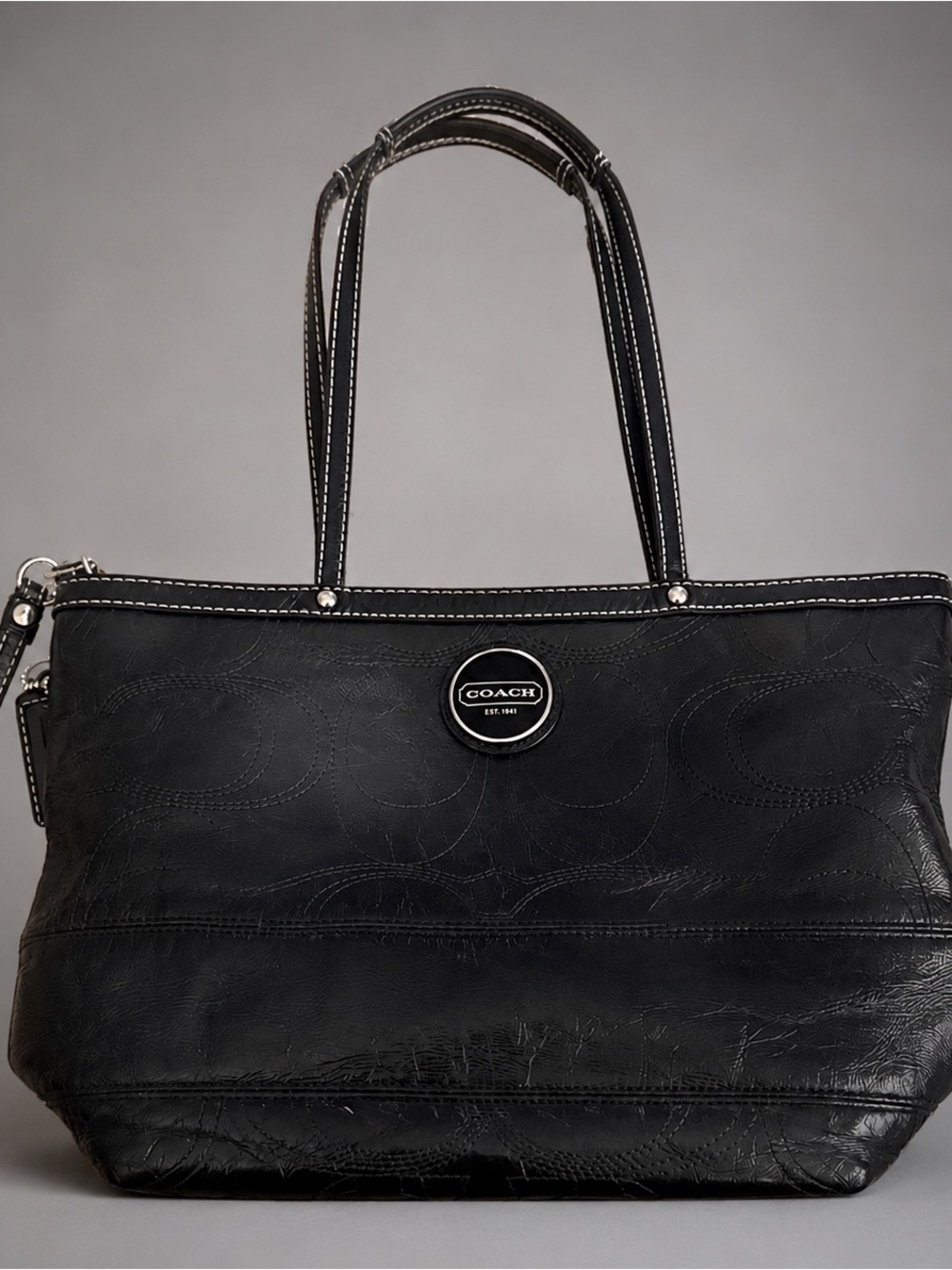 Coach East West Gallery Embossed Patent Leather Medium Tote Black Bag Authentic